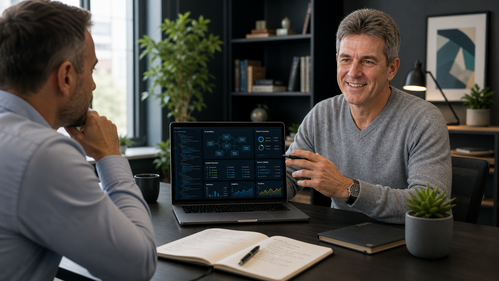 Intelligent Management Systems consulting with a client about an AI project dashboard