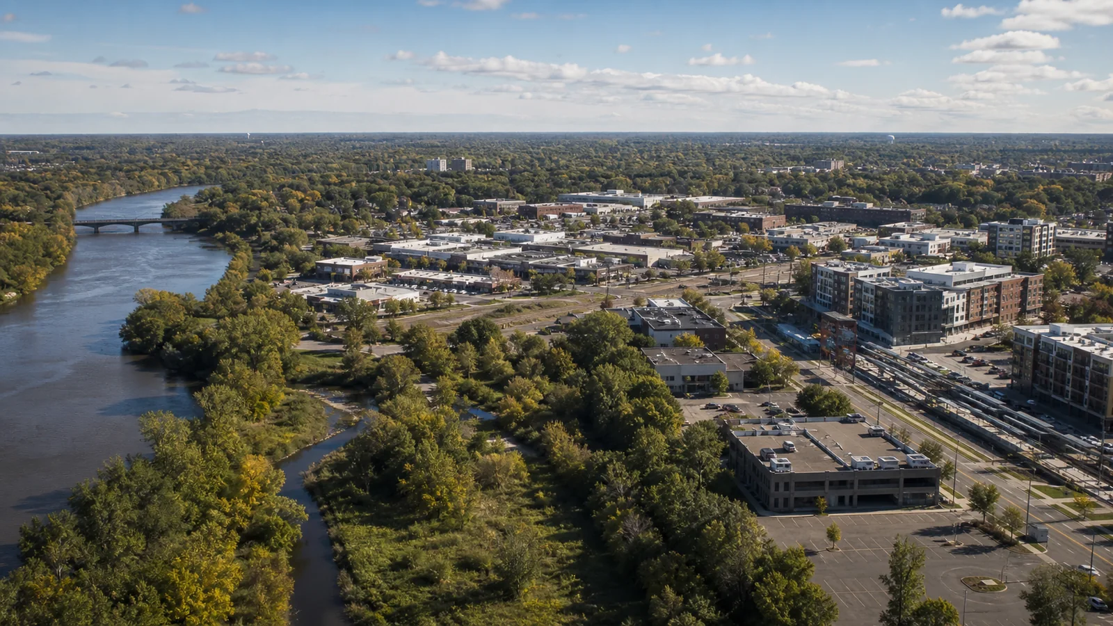 Editorial wide view of Mississippi River and creek greenways beside established neighborhoods, transit, commercial districts, and mixed-use redevelopment in Brooklyn Center