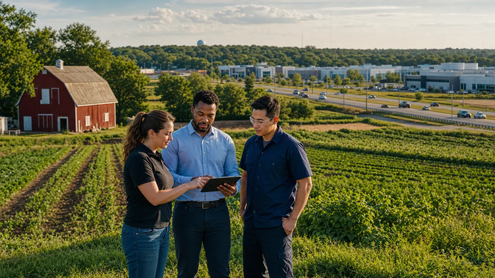 Editorial representation of people discussing technology near Brooklyn Park industry and market-farm landscapes