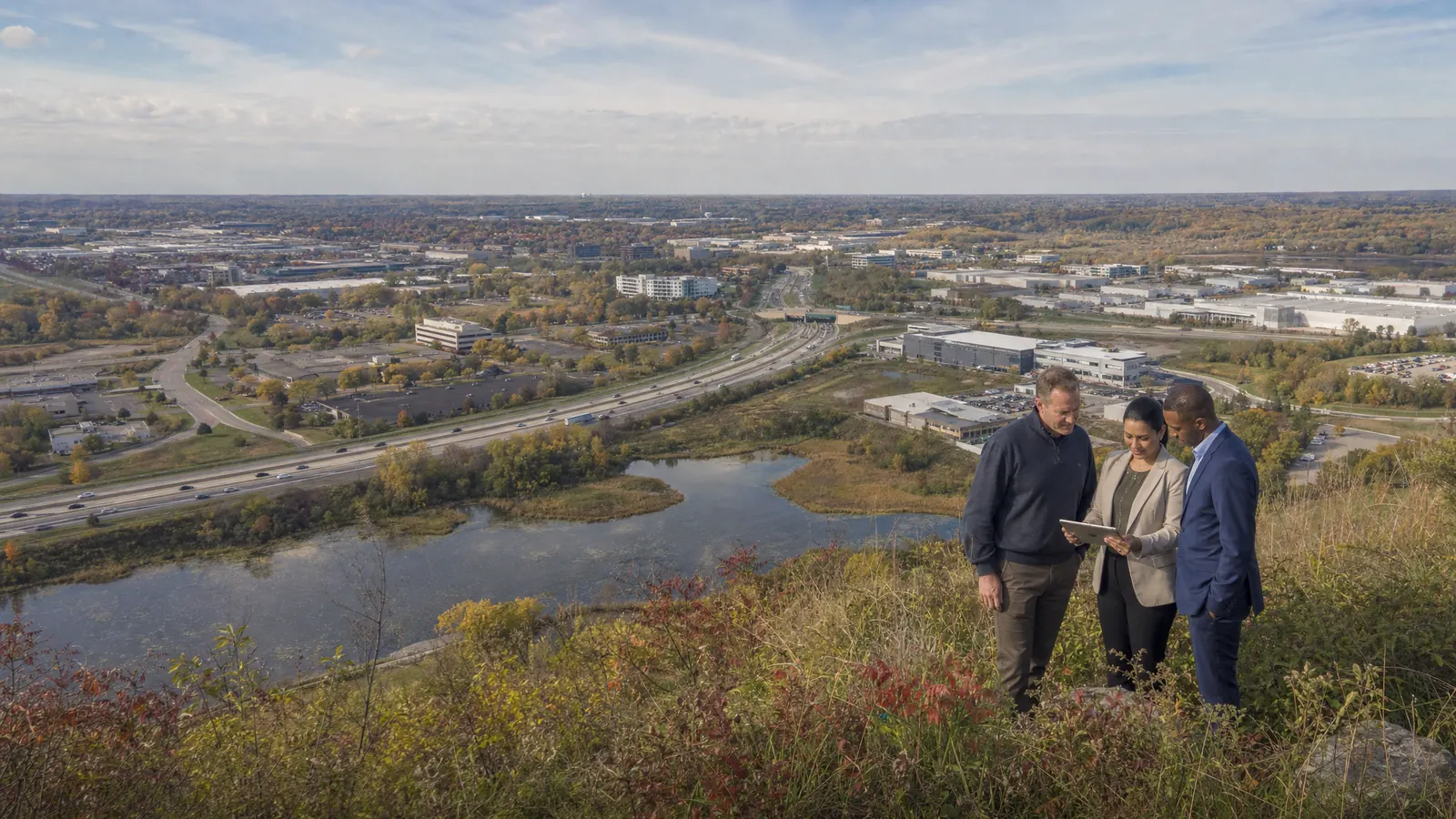 Editorial representation of people discussing technology above Burnsville river wetlands, highways, healthcare, and industry