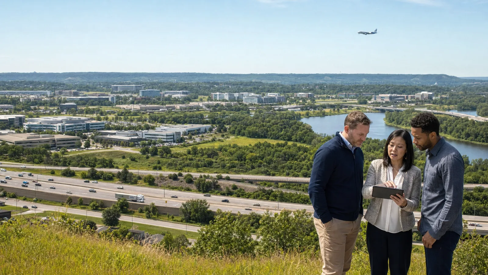 Editorial representation of people discussing technology above Eagan corporate campuses, highways, and an airport approach