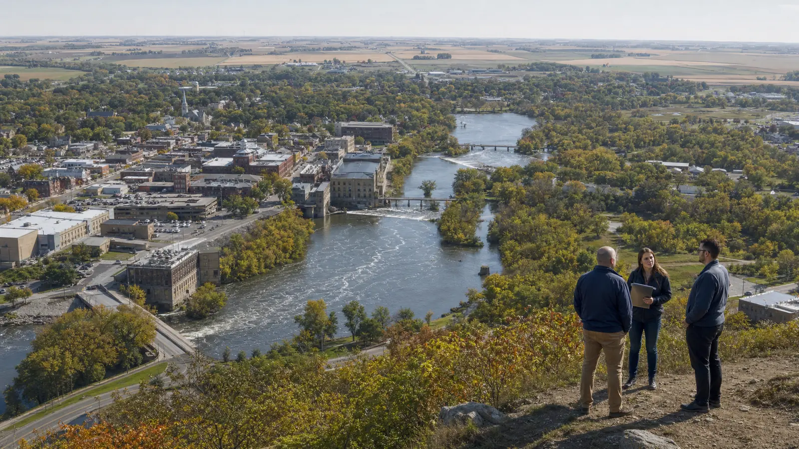 Editorial scene of three people discussing operations near Faribault river mills, agricultural fields, schools, and modern food and manufacturing buildings