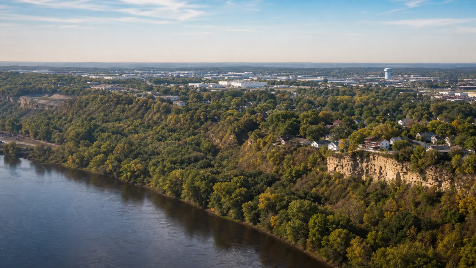 Editorial wide view of Mississippi River bluffs, wooded neighborhoods, and industrial and commercial corridors in Inver Grove Heights