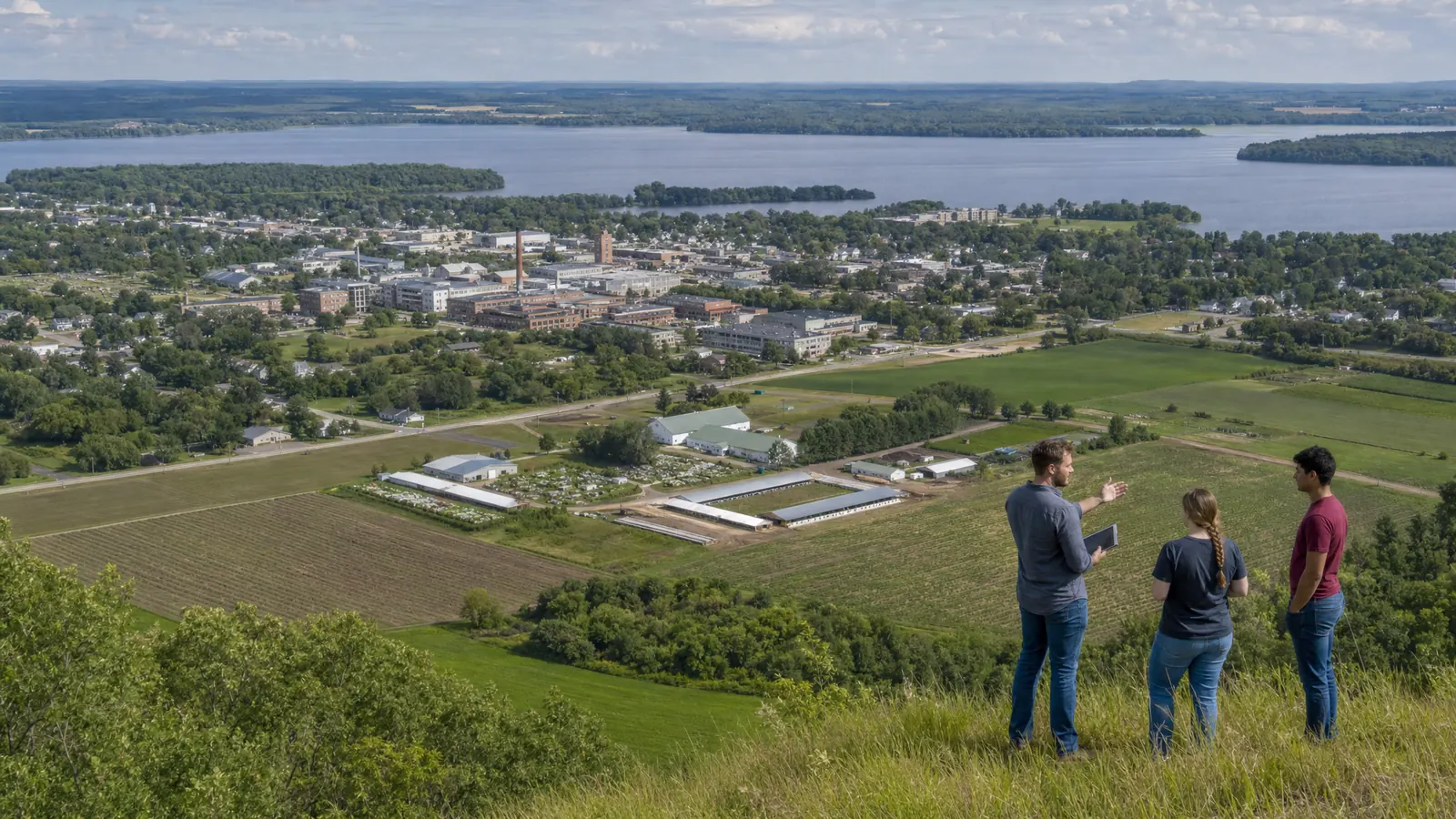 Editorial scene of three people discussing applied research above Lake Menomin, UW-Stout-inspired campus forms, production buildings, and Wisconsin farm fields