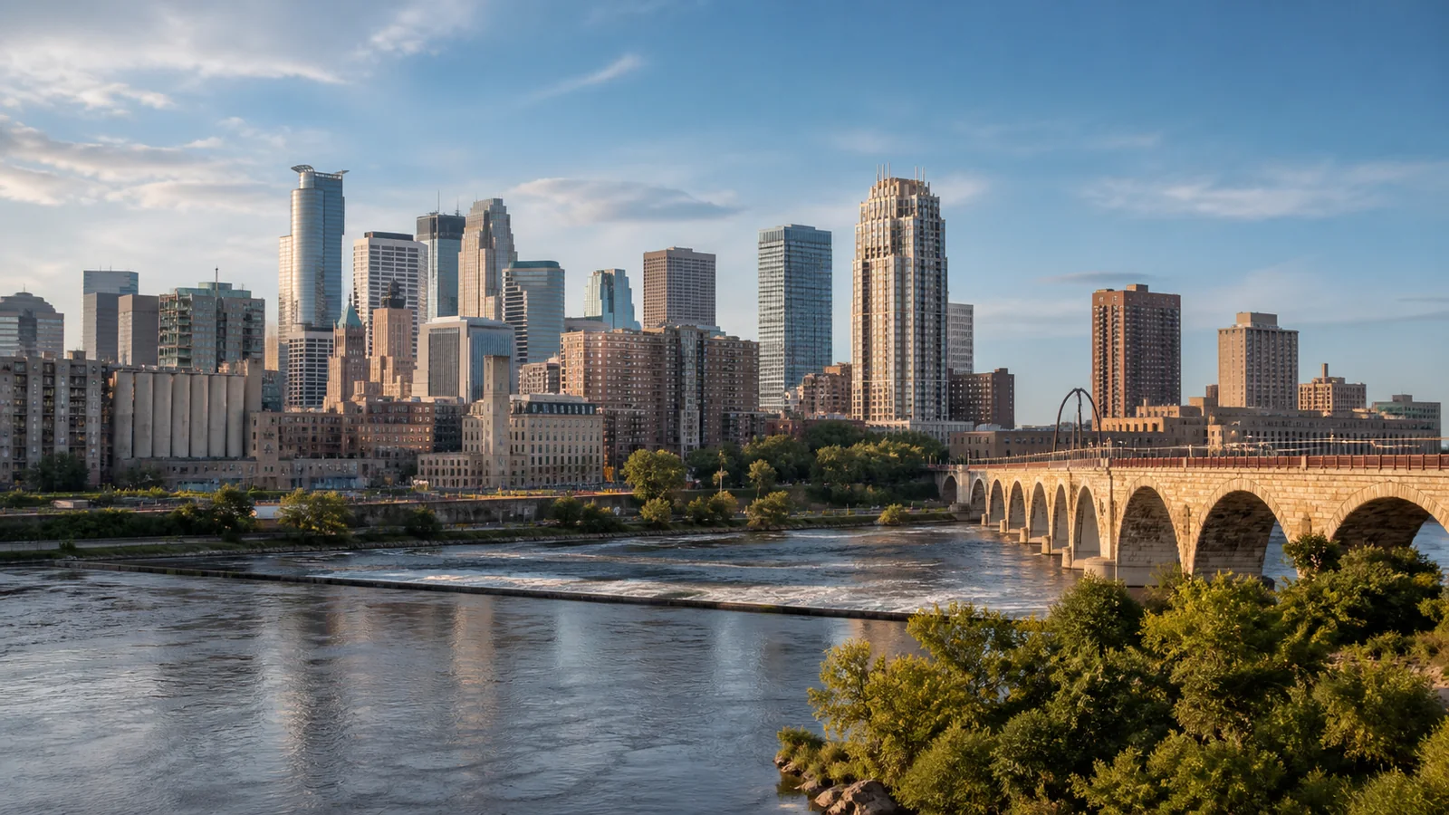 Editorial wide view of Mississippi riverfront, Stone Arch Bridge, and downtown skyline in Minneapolis