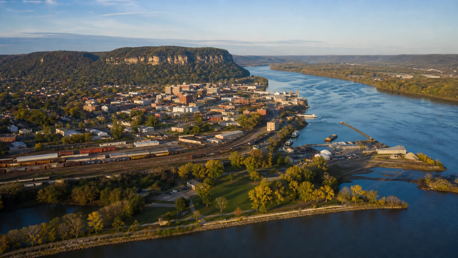Editorial wide view of Mississippi River bend, wooded limestone bluffs, historic-scale downtown, riverfront parks, rail corridor, working waterfront, and manufacturing areas in Red Wing