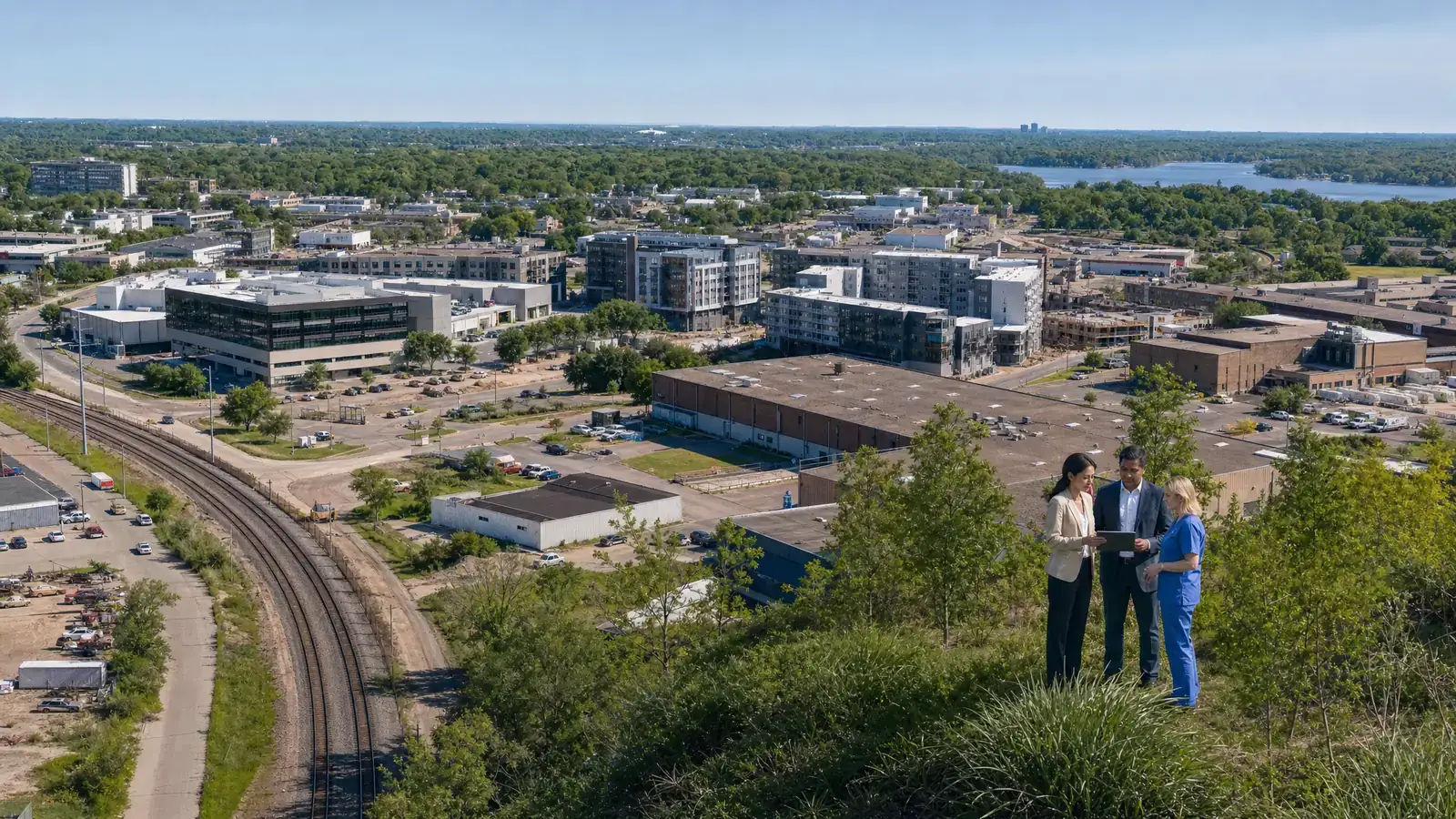 Editorial view of three people discussing digital work near St. Louis Park medical offices, studios, rail corridors, and renewed industrial land