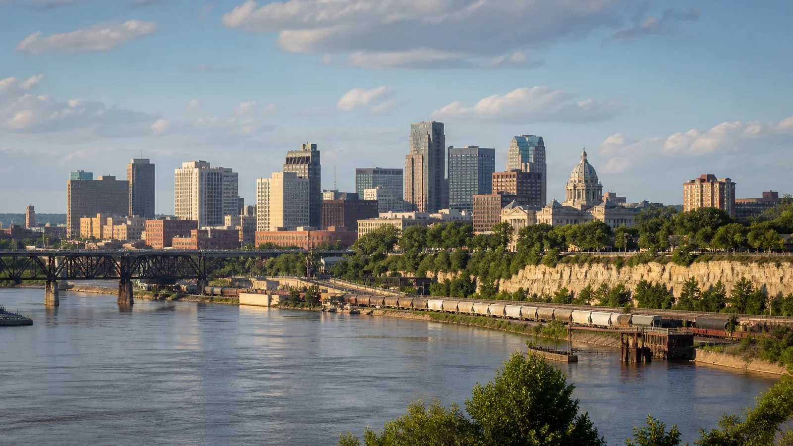 Editorial wide view of Mississippi river valley, downtown skyline, civic architecture, and rail context in St. Paul