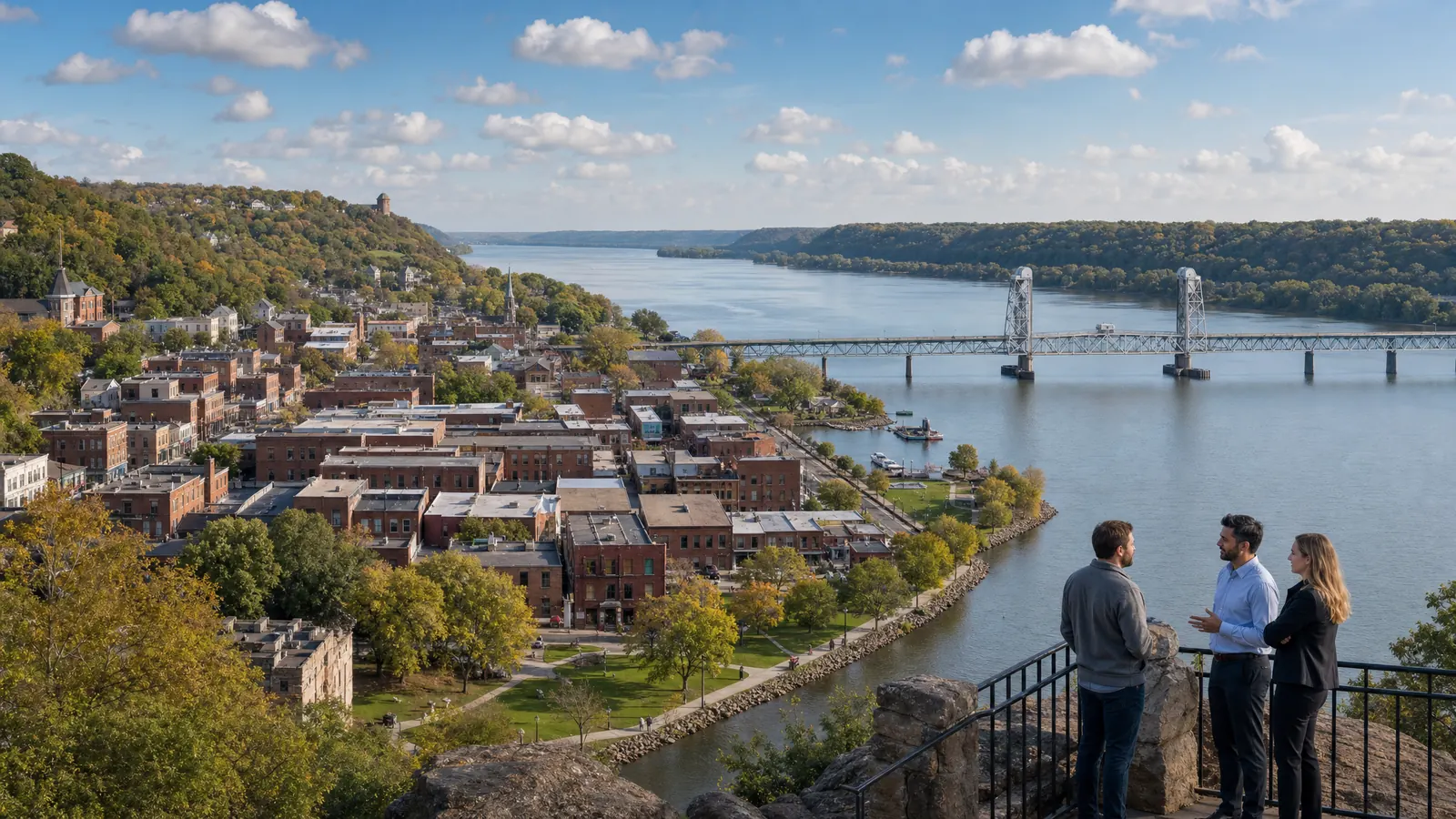 Editorial representation of people discussing work above the St. Croix River, historic Stillwater riverfront, wooded bluffs, parks, and lift bridge