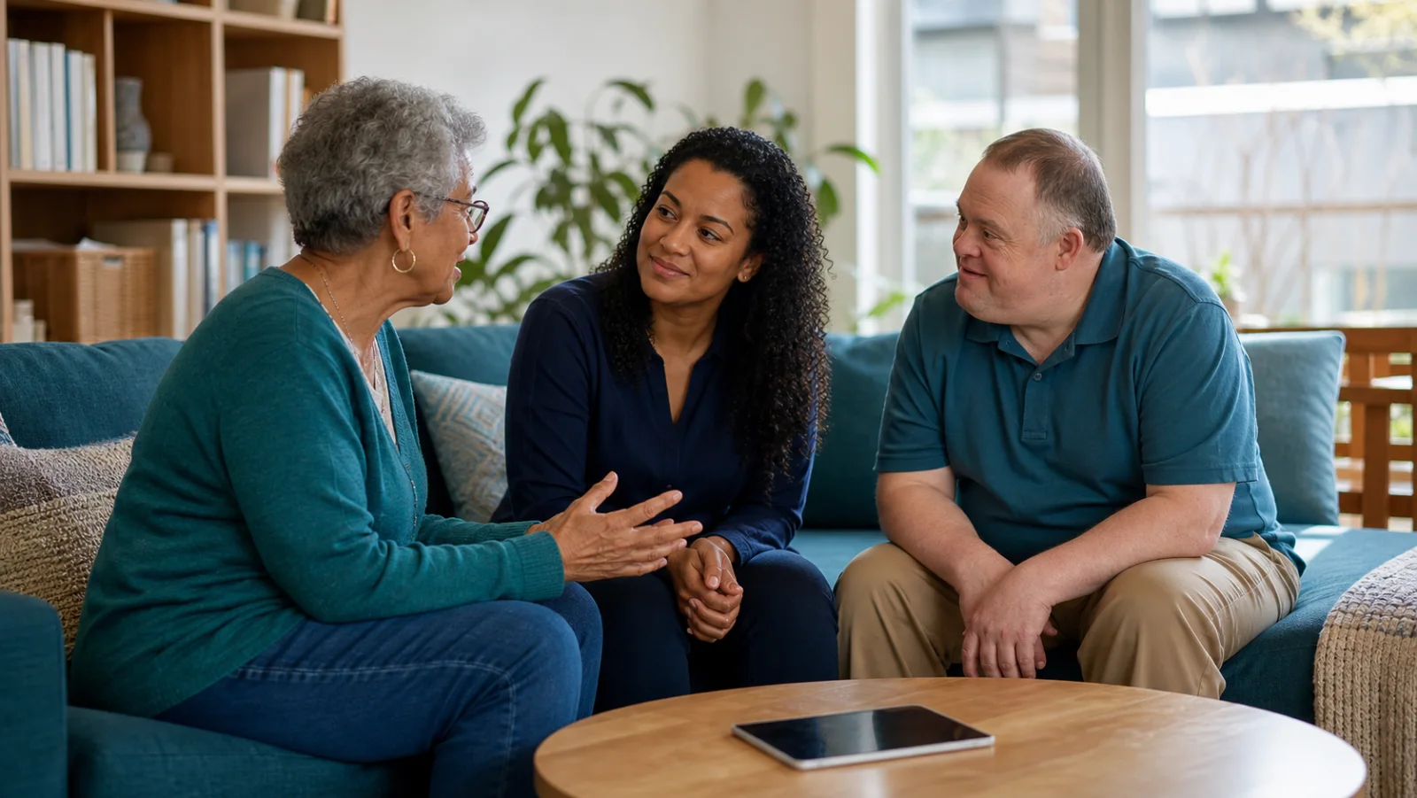 A Direct Support Professional listening at eye level as two adults discuss plans together in a living room