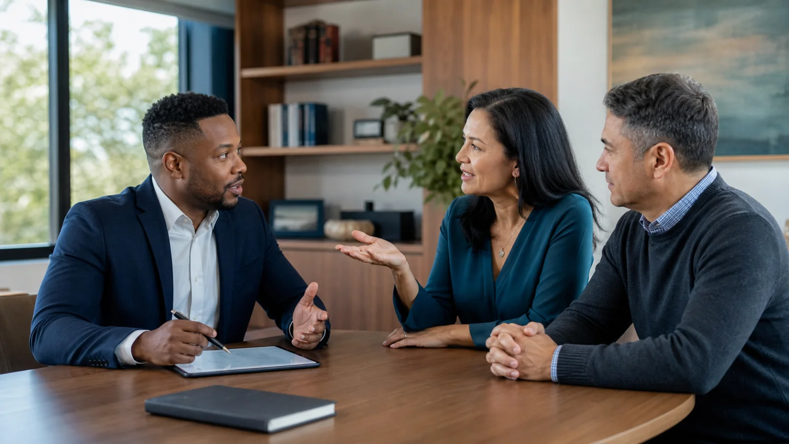 A financial professional discussing plans with two clients across a table