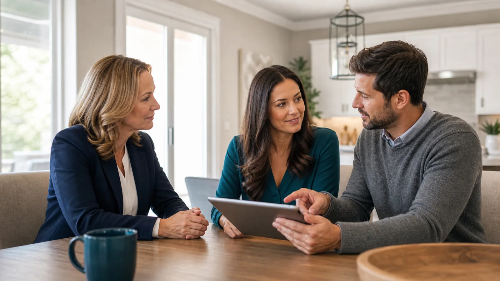 A Realtor listening as two clients discuss their priorities around a table in a home